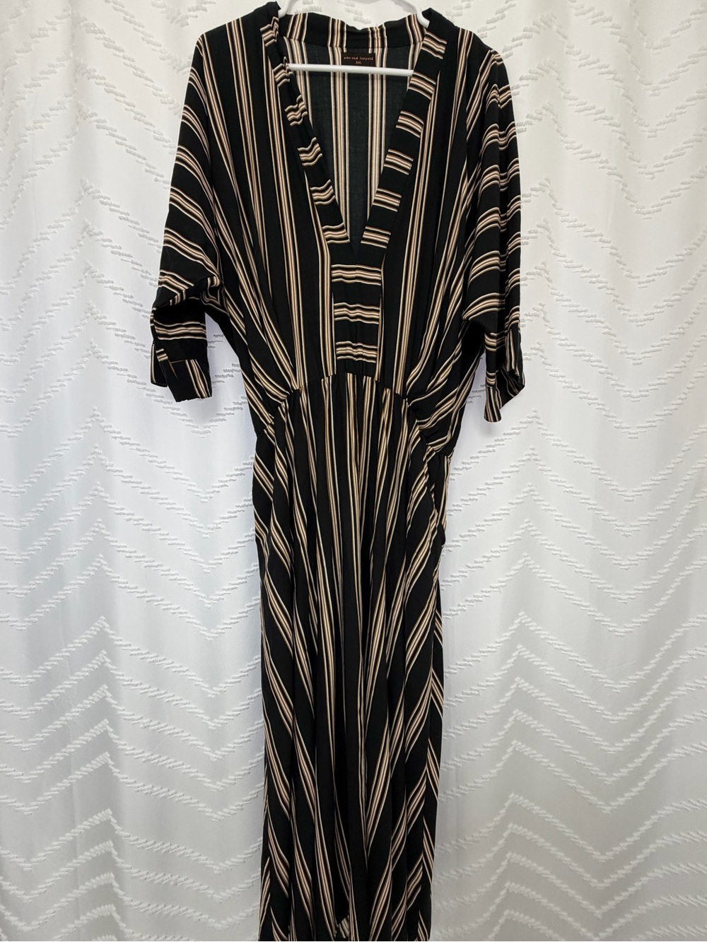 Black and Beige Striped V‑Neck Maxi Dress
